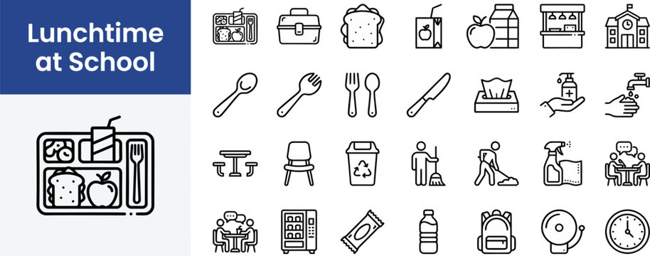 Student Mealtime and Cafeteria Nutrition outline icon set. Featuring spoon, fork, bread, drink, and plate symbols. Editable stroke vector icons for meal planner and food lesson.