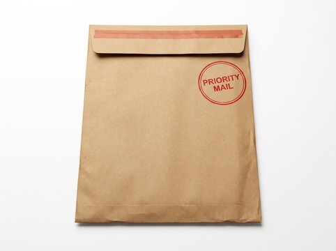 Brown paper envelope with red "Priority Mail" stamp on white background