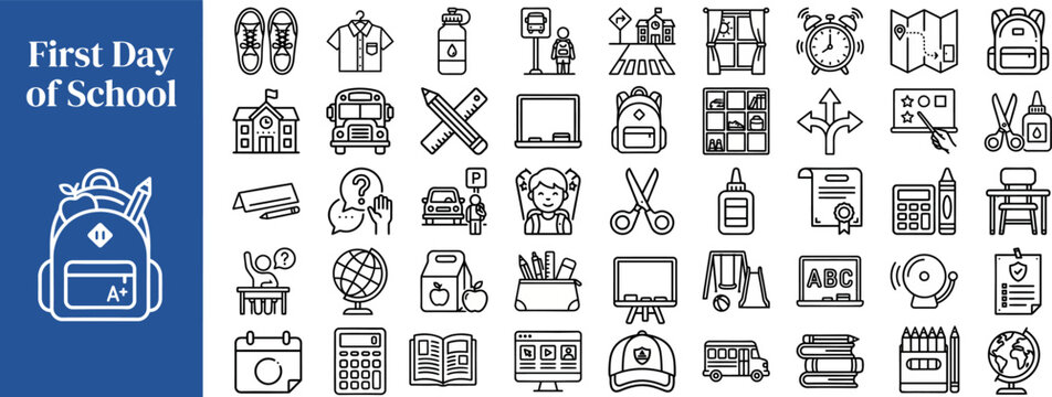 New School Orientation and Classroom Start outline icon set. Featuring teacher, backpack, desk, book, and friends symbols. Editable stroke vector icons for student guide and school promo.