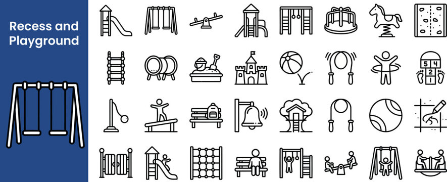 Playground Equipment and School Recreation outline icon set. Featuring swing, slide, sandbox, ball, and climber symbols. Editable stroke vector icons for playground plan and activity app.