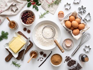 Naklejka premium Overhead view of Christmas baking ingredients and tools laid out