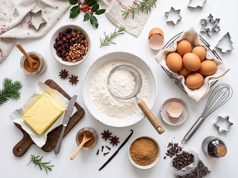 Overhead view of Christmas baking ingredients and tools laid out