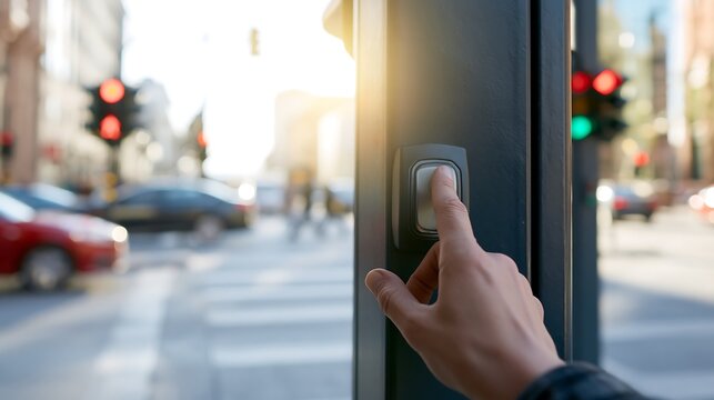 Person presses a pedestrian crossing request button beside a busy urban intersection, illustrating road safety, traffic control and pedestrian infrastructure