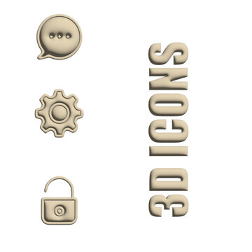 3D metallic icons of settings, security, and gear for tech and business applications
