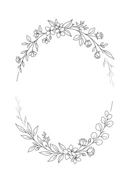 Elegant Floral Wreath Frame with Hand Drawn Botanical Line Art