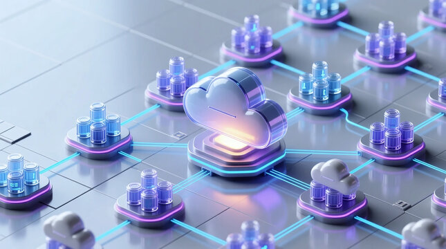 An isometric 3D render of decentralized glass cloud network with distributed data nodes illustrating the supply chain resilience concept in global logistics