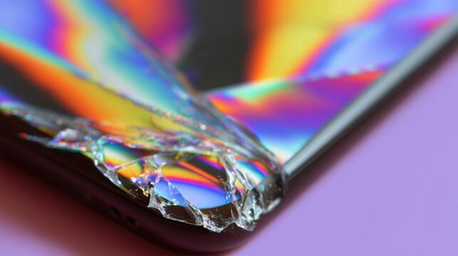 Close-up of a smartphone screen with a shattered glass on it. the glass is in the center of the image, with a small crack running through it.