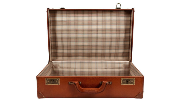 Vintage brown leather suitcase opened with plaid fabric lining interior isolated on a solid black background view isolated on a transparent background