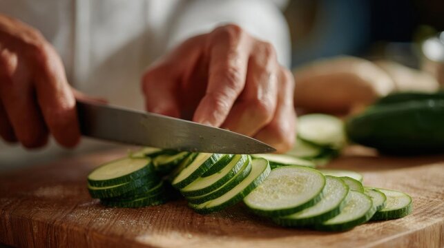 Person's hands holding a large knife and slicing a zucchini on a wooden cutting board. the person is wearing a white chef's jacket and appears to be in the process of preparing a meal.