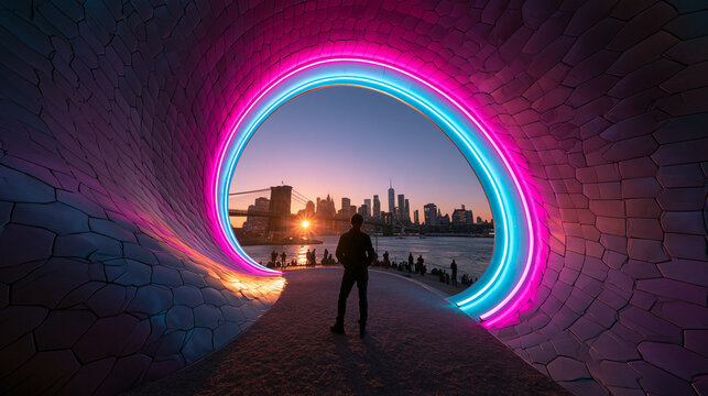 Futuristic Neon Tunnel Framing City Skyline at Sunset