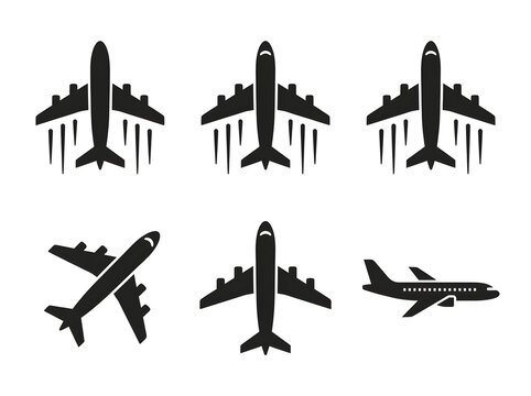 Set of black airplane icons and aircraft silhouettes for travel and aviation design.
