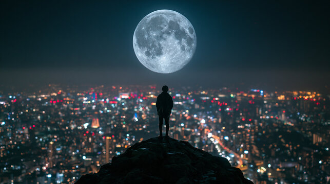 Silhouette on Mountain Peak Overlooking Cityscape Under Giant Full Moon