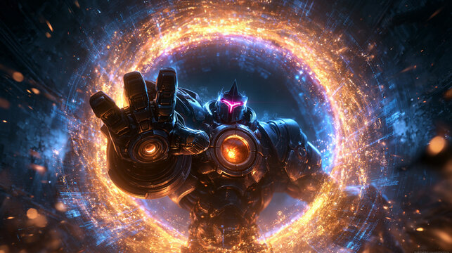 Futuristic Cyborg Robot Emerging Through Glowing Energy Portal