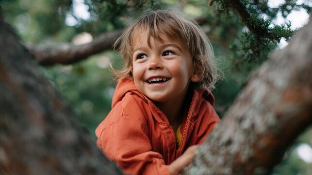 Close-up portrait of a young child, probably around 2-3 years old, peeking out from behind a tree branch. the child has blonde hair and is wearing an orange hoodie.