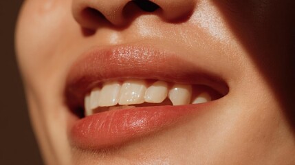 Obraz premium Close-up of a woman's mouth, showing her teeth. the focus is on her mouth, which is slightly open, and her lips are slightly parted. her teeth are white and appear to be healthy and well-groomed.