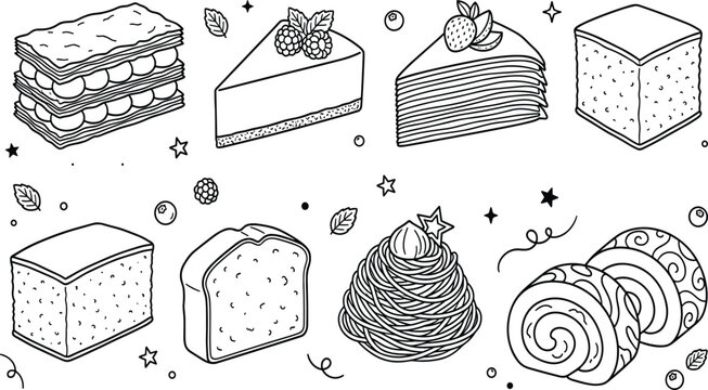 Gourmet Cake and Pastry Dessert Vector Icon Set Featuring Cheesecake Swiss Roll Mille Crepe Mont Blanc and Mille Feuille for Caf&eacute; Menus