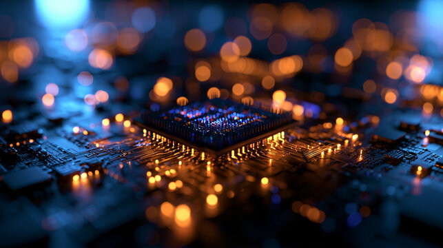 Futuristic Microchip on Circuit Board with Glowing Lights
