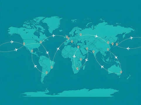 World map with airplane flight paths and travel routes on a teal background