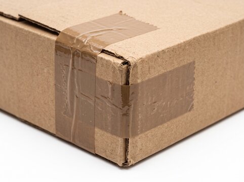Close-up of a taped cardboard box corner on a white background