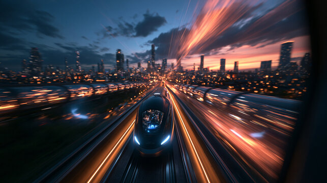 Futuristic High Speed Train Moving Towards Modern City