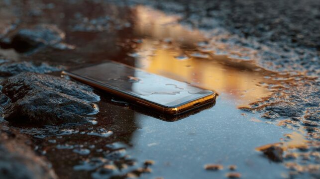 Smartphone lying on the ground in a puddle of water. the phone is partially submerged in the water, with the screen partially visible.