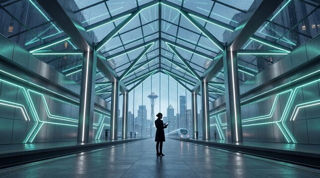 Businesswoman Waiting at Futuristic Train Station with Seattle Skyline