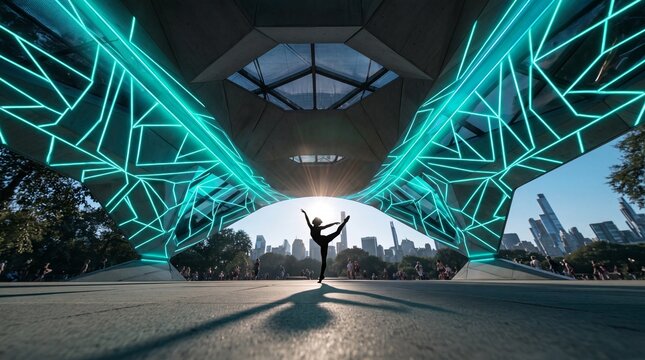Ballerina Dancing Under Futuristic Glowing Geometric Arch in City