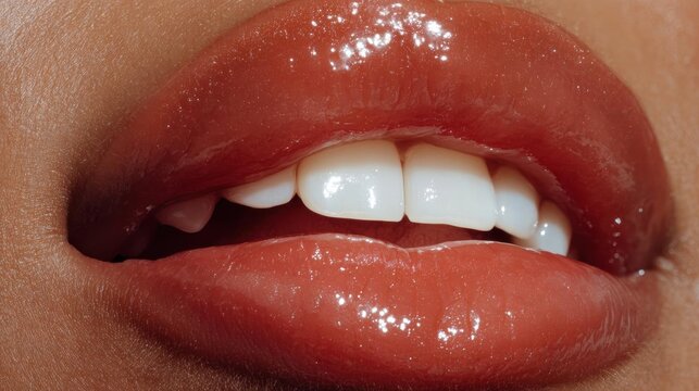 Close-up of a person's mouth, showing their teeth. the person's lips are slightly parted, and their teeth are white. the lips appear to be full and well-groomed, with a glossy finish.