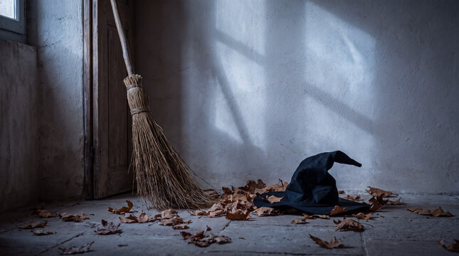 Broom and witch hat on a floor with autumn leaves casting a spooky shadow, preparing for halloween magic
