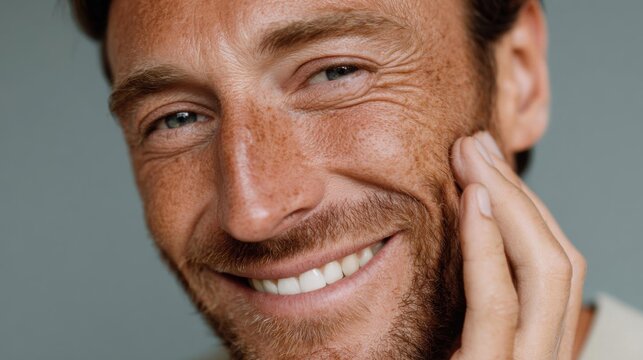 Close-up portrait of a man's face. he is smiling widely and appears to be happy and relaxed. his face is turned slightly to the side, and he has a slight smile on his lips.
