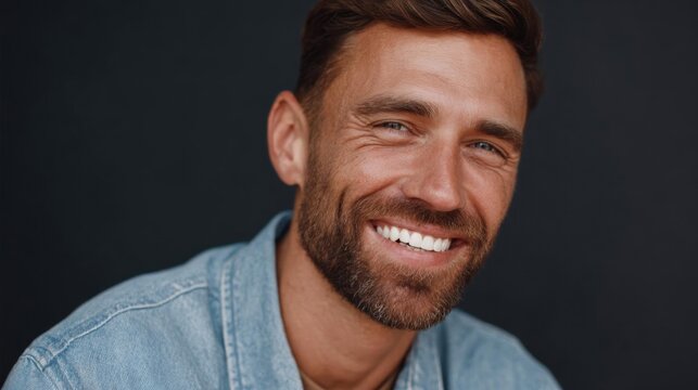 Close-up portrait of a man's face. he is smiling widely and appears to be happy and relaxed. he has short, dark hair and a beard, and is wearing a light blue denim shirt.