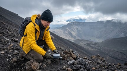Fototapeta premium Scientist installs a ground sensor on a dormant cinder slope