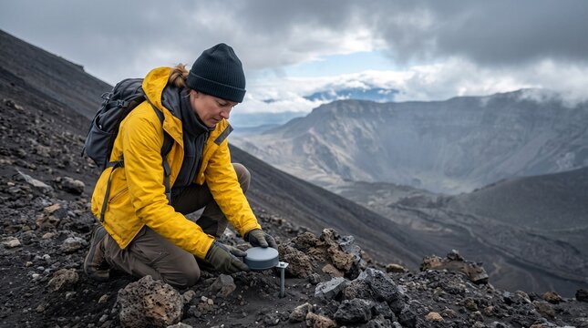 Scientist installs a ground sensor on a dormant cinder slope