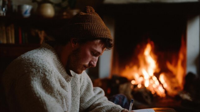 Young man sitting in front of a fireplace. he is wearing a knitted beanie and a white sweater. he appears to be deep in thought, with his eyes closed and a pen in his hand.