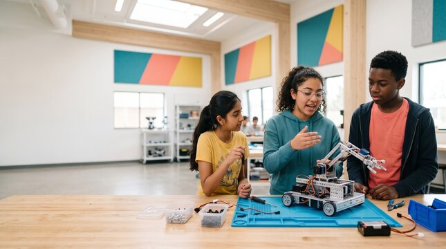 Students plan a robot build in a STEM makerspace