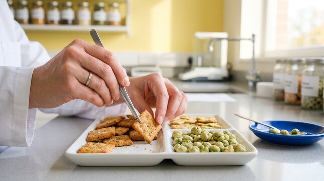 Food scientist sorts crisp snacks for quality review