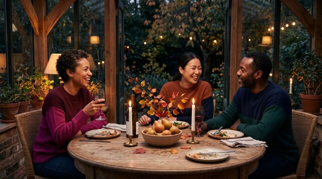 Friends share a quiet moment around the dining table