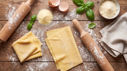 Fototapeta premium Fresh pasta sheets, flour, eggs, basil, and rolling pins on a rustic wooden table, ready for cooking