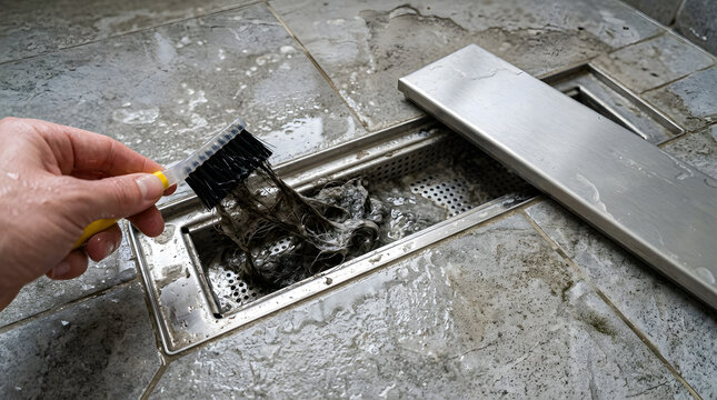 Cleaning Hair and Debris Clogged Metal Trench Drain in Modern Tile Shower | Detailer Removing Hair Clog from Stainless Steel Linear Shower Drain | Unclogging Shower Drain Channel with Small Cleaning 