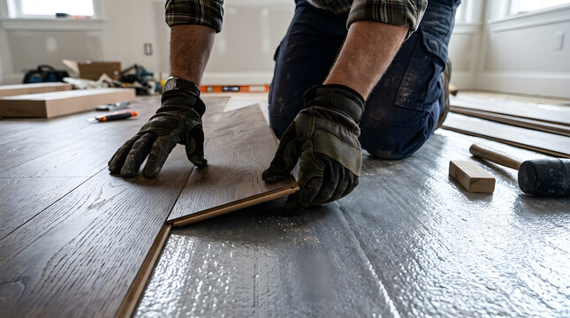 Professional Craftsman Installing Dark Wood Laminate Flooring Plank on Underlayment | Builder Laying Click Lock Hardwood Floor Planks During Home Renovation | Installer Hands Fitting Floating Laminate