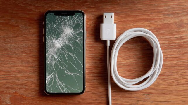 Smartphone with a white usb cable lying next to it on a wooden surface. the phone appears to be an smartphone with a cracked screen, indicating that it has been used for a long time.