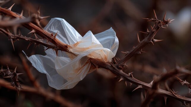 Close-up of a branch of a plant with thorns. the branch is covered in a white plastic bag that is partially wrapped around the thorns, creating a crumpled and wrinkled texture.