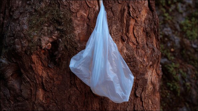 Single white plastic bag hanging from a tree trunk. the bag appears to be empty and is hanging from the trunk with a string. the tree trunk is rough and textured with deep grooves and cracks.