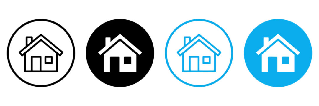 Minimalist house icon set, modern home button collection in black and blue, 4 vector real estate symbols for web and app UI