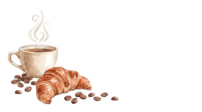 Watercolor coffee cup and buttery croissant, steaming hot espresso with roasted beans, rustic breakfast cafe illustration isolated on Transparent Background