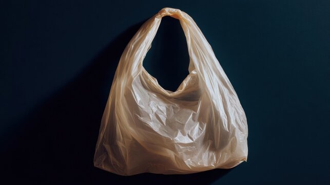 Photograph of a transparent plastic bag hanging on a dark blue background. the bag appears to be empty and is in the center of the image.