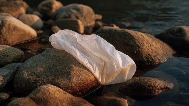 White plastic bag lying on a rocky shore. the bag appears to be empty and is partially submerged in the water.