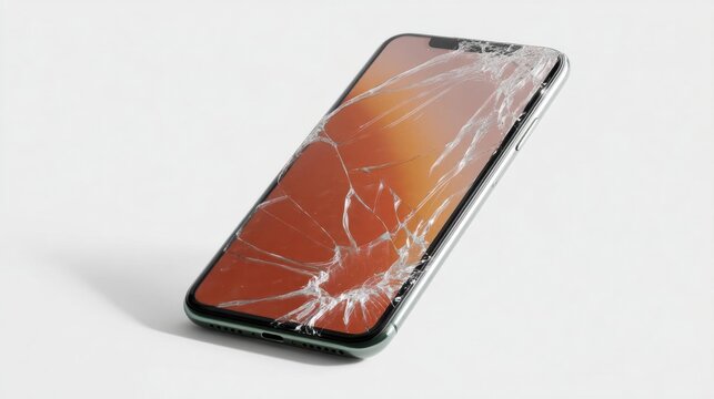 Smartphone with a cracked screen. the phone is black in color and has a rectangular shape with rounded edges. the screen is orange in color with a white crack running through it.