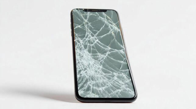 3d rendering of a smartphone with a cracked screen. the phone is black in color and has a rectangular shape with rounded edges. the screen is cracked and appears to be empty.