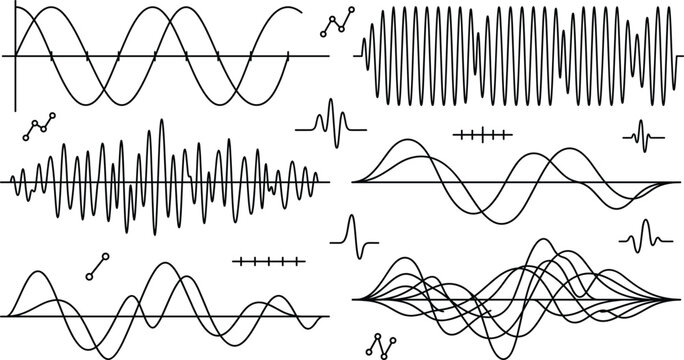 Sound Wave and Audio Frequency Vector Set with Sine Diagrams, Radio Signals, Music Equalizer Lines, and Scientific Vibration Amplitude Graphics